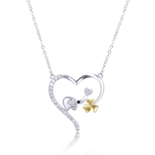 Lucky Charm  S925 Sterling Silver CZ Elephant & Clover Heart Pendant Necklace