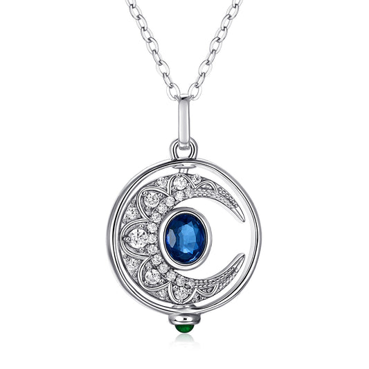 Celestial Spin – Natural Sapphire Moon Necklace
